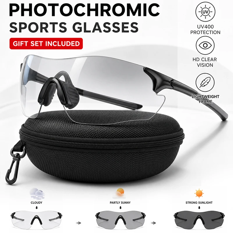 

Photochromic Cycling Glasses Men Women UV400 Sports Sunglasses Lightweight Rimless Outdoor Running Hiking Glasses with Case
