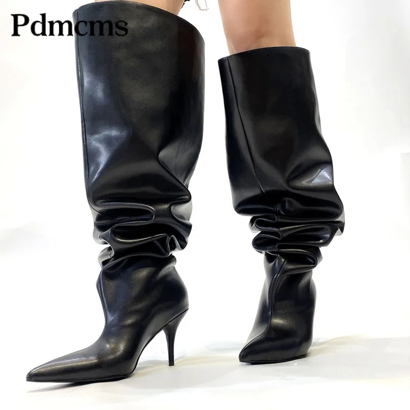 

European and American Pointed Big Cap Knee Length Boots Fashion Show Slender High Heel Female Sexy Camouflage Print Bucket Boots