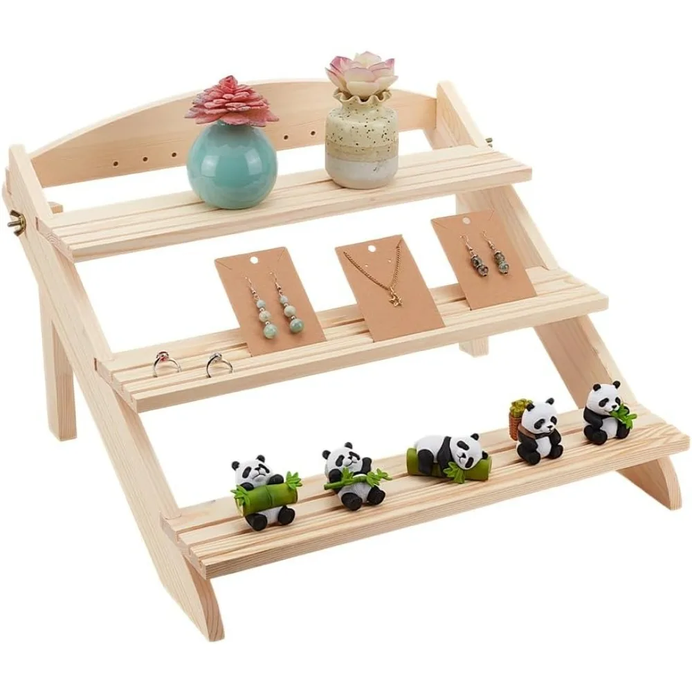 

3-Tier Wooden Display Stand Riser9-Slot Earring Ring Holder Detachable Unfinished Wood Retail Jewelry Card Display Stand