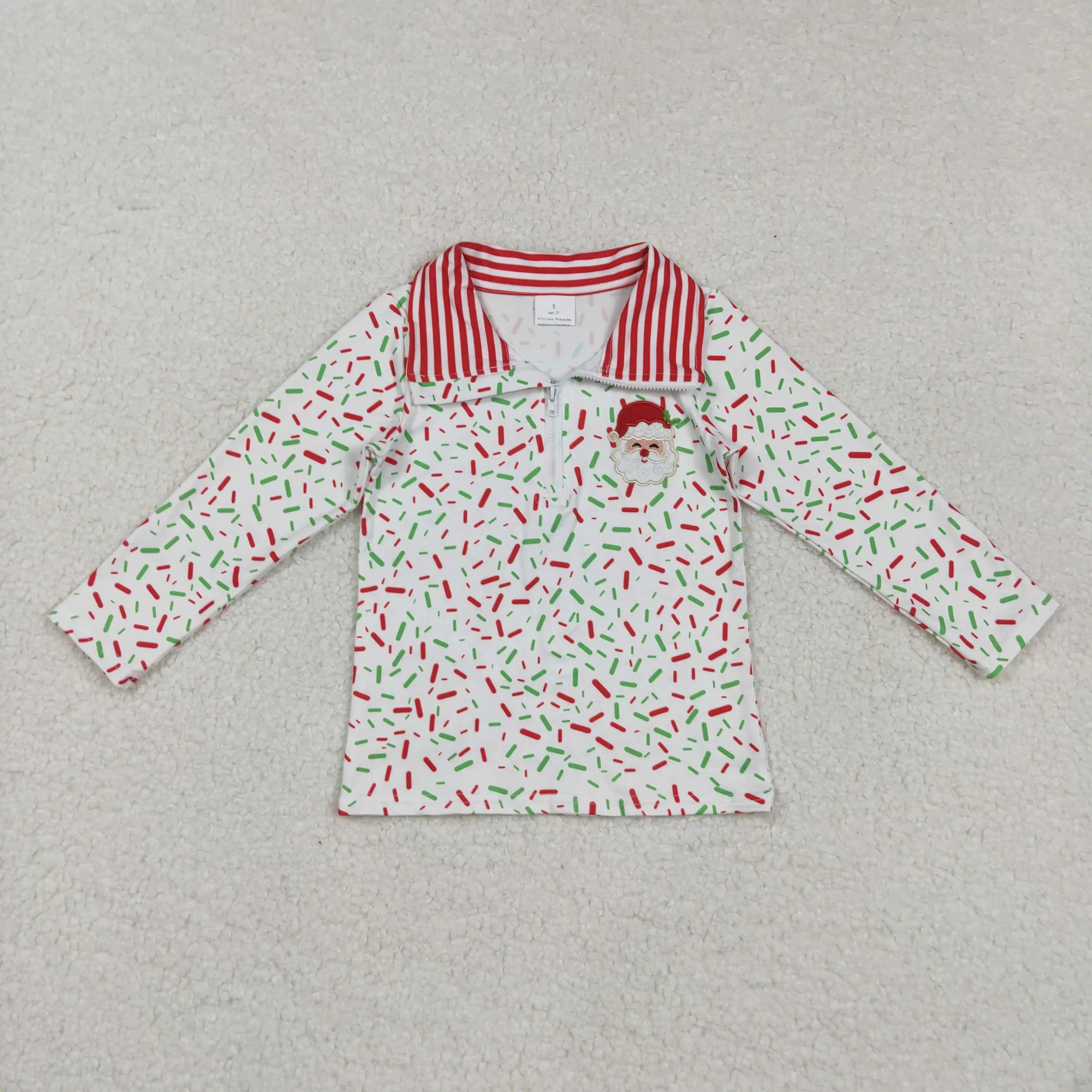 

8.23y Embroidery Santa Baby Girls Pullover Top Red Green Spinkles Zipper Design Comfortable Cotton Holiday Wear