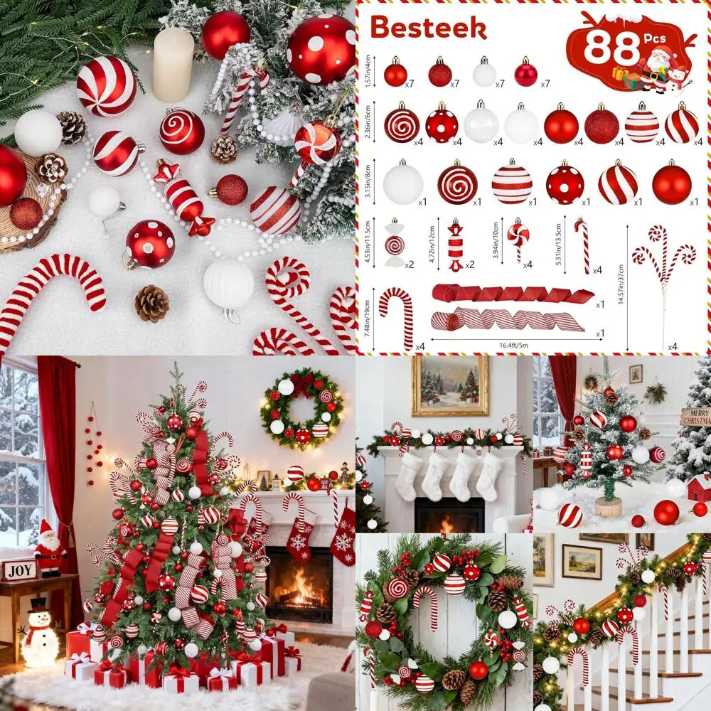 Conjunto de enfeites de árvore de Natal com tema de bastão de doces de 88 peças com pirulito, fita e bolas inquebráveis para decoração festiva de férias
