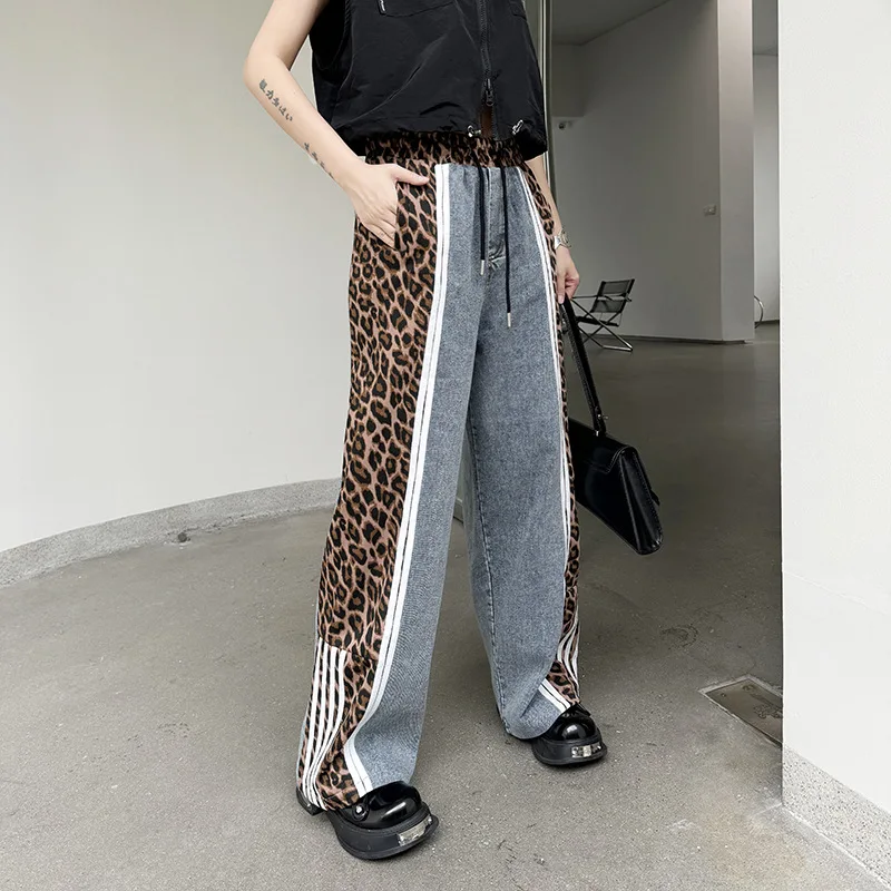 Women Leopard Print Denim Pants Patchwork Elastic Waist Buttons Pockets Loose Wide Leg Jeans High Street Vintage Trendy Summer