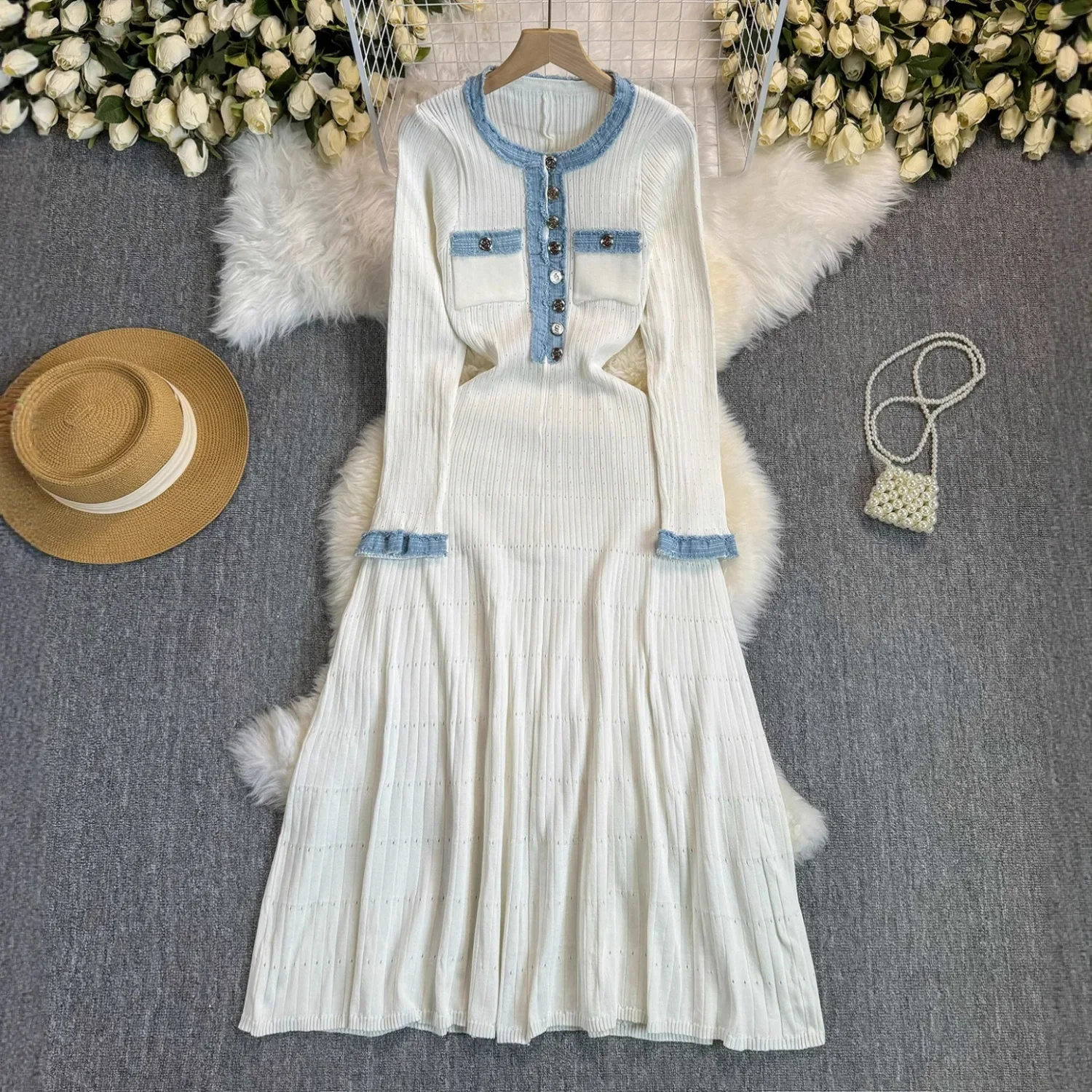 

Новое женское модное элегантное вязаное платье 2026 года с длинным рукавом, приталенное, с круглым вырезом, в стиле колор-блок, длинная юбка, для независимых продавцов