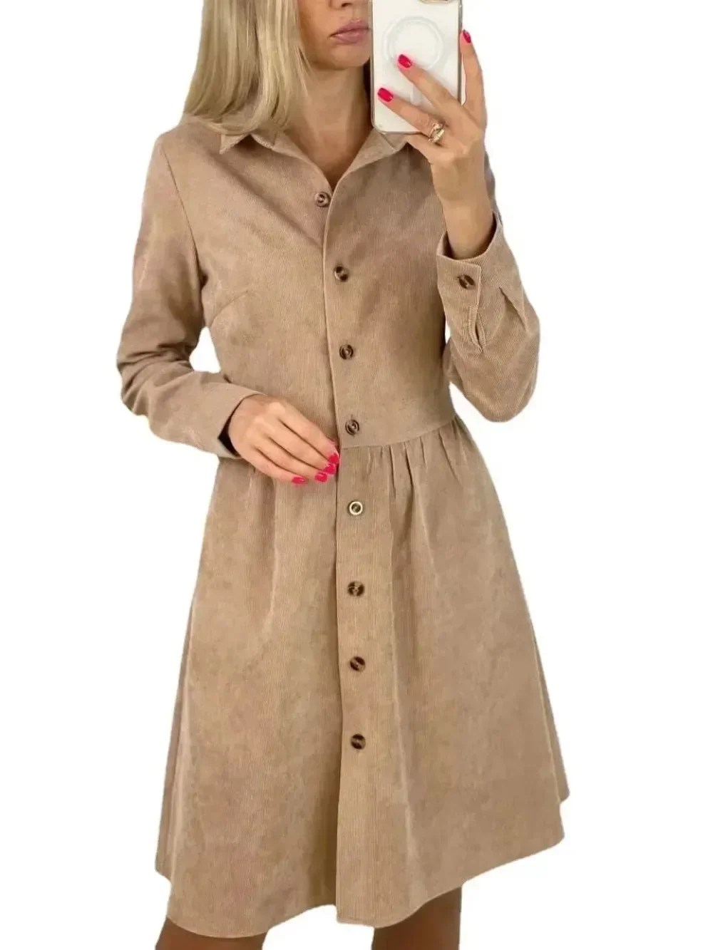 Nova moda feminina manga comprida único breasted camisa vestido de veludo senhoras casual saia longa moda feminina saia longa