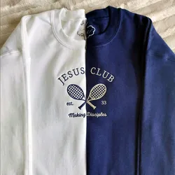 Jesus Club Tennis Embroidered Crewneck Sweatshirts Women Autumn Long Sleeve Thick Pullover Vintage Style Casual Loose Jumpers