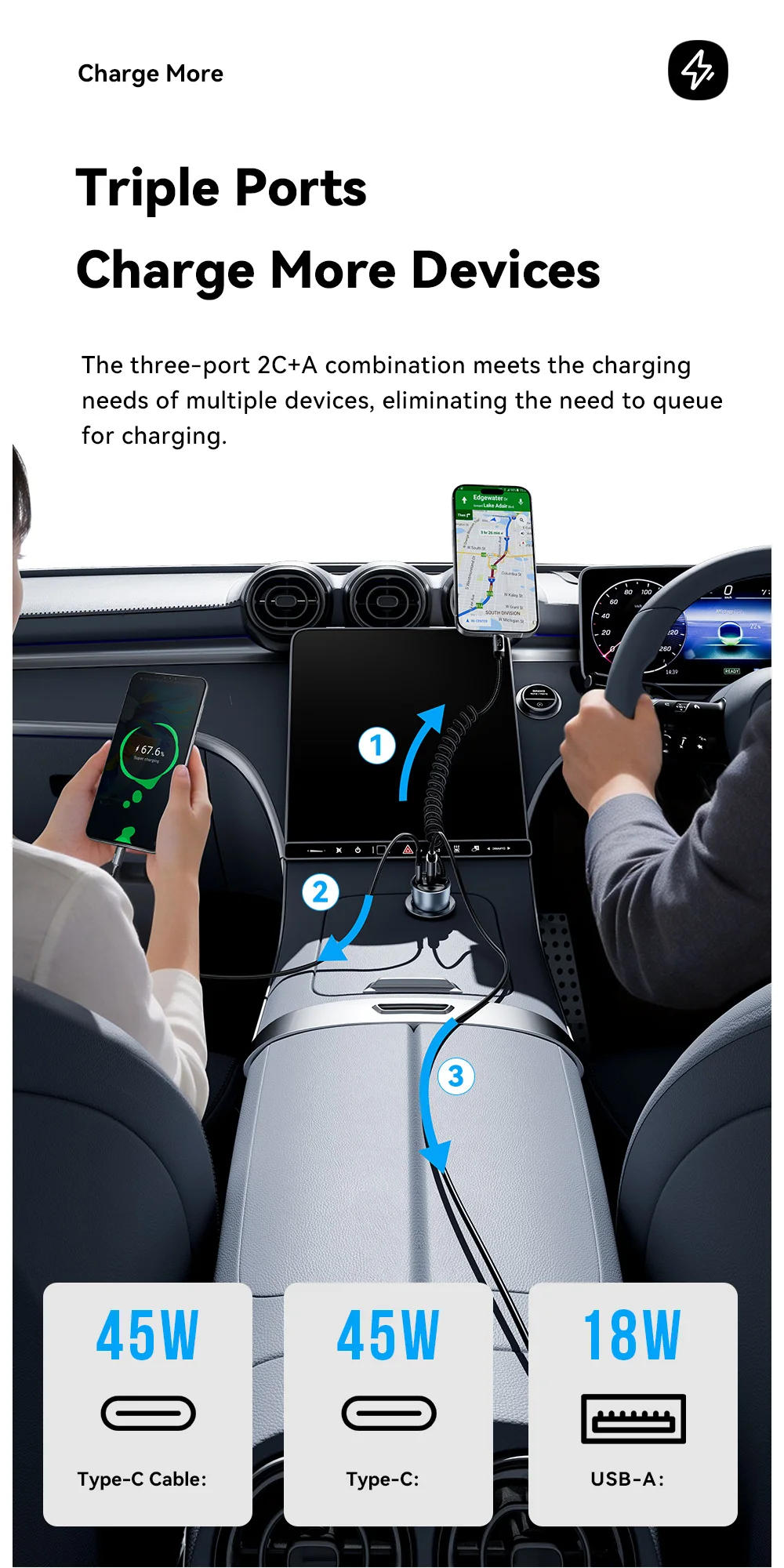 Essager 108W Car Charger with USB-C & USB-A Ports PD QC4.0 Fast Charging Digital Display Spring Cable for iPhone 17 pro MacBook