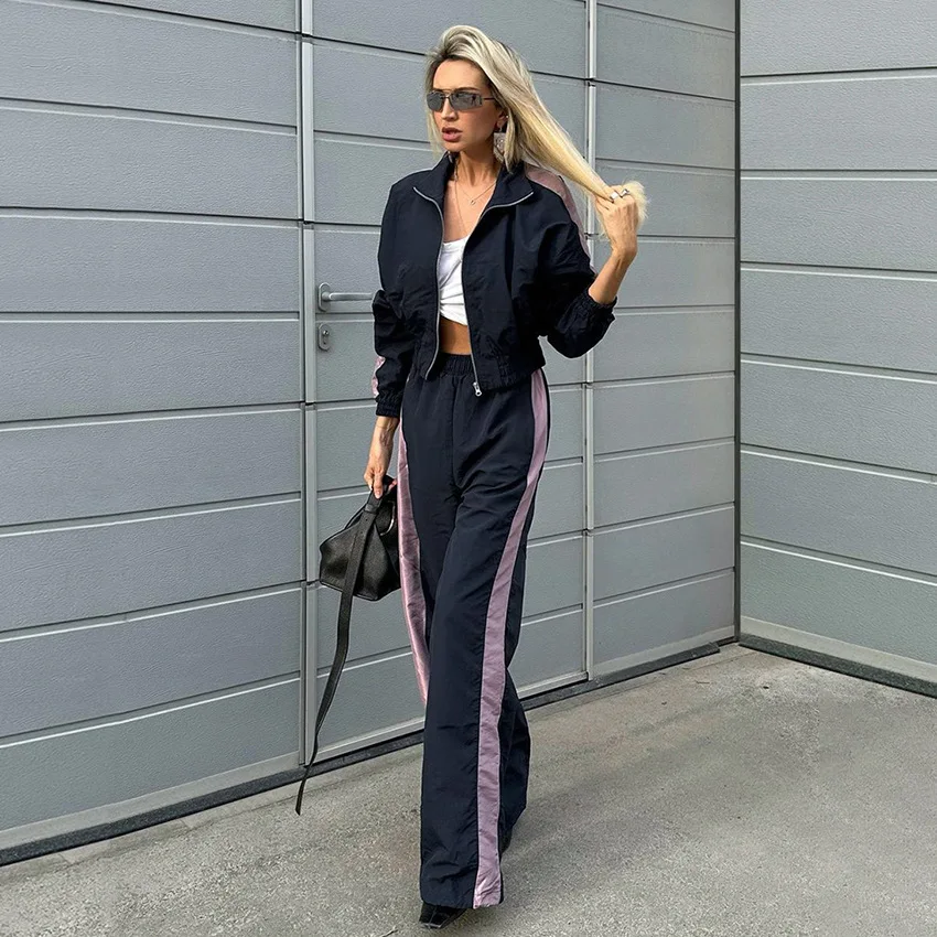 

Contrasting Color Flight Suit Trench Coat Set Spring Fashion Contrasting Color Sports And Leisure Jacket Trousers Two-piece Set
