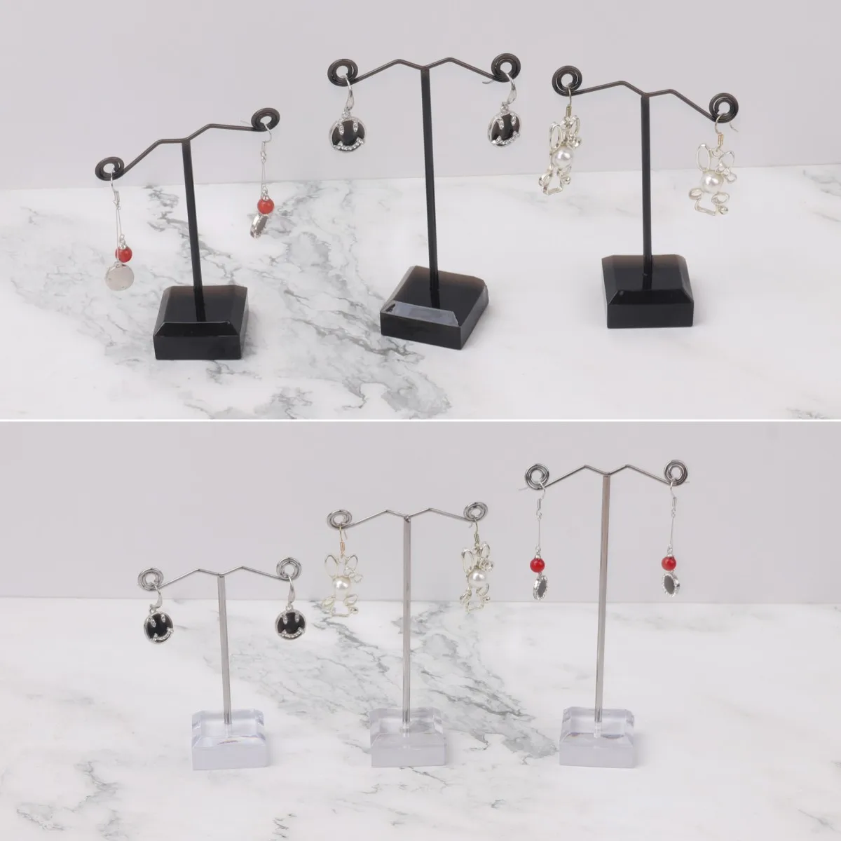 T-Shaped Jóias Display Stand, acrílico, metal, contador, prateleira de exibição, contador, brincos, anel, colar, relógio, novo, 3pcs