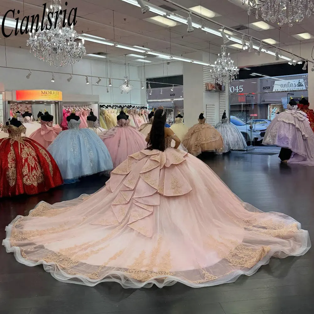 Pink Beading Tassel Ruffles Quinceanera Dresses Ball Gown Illusion Appliques Lace Sweet 15 Años Mexican Customized