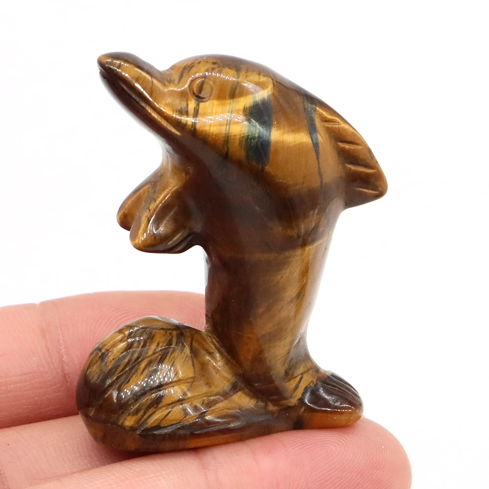 

48mm Dolphin Statue Natural Stone Healing Crystal Tiger Eye Hand Carved Gems Animal Figurine Mineral Collection Home Decor Gifts