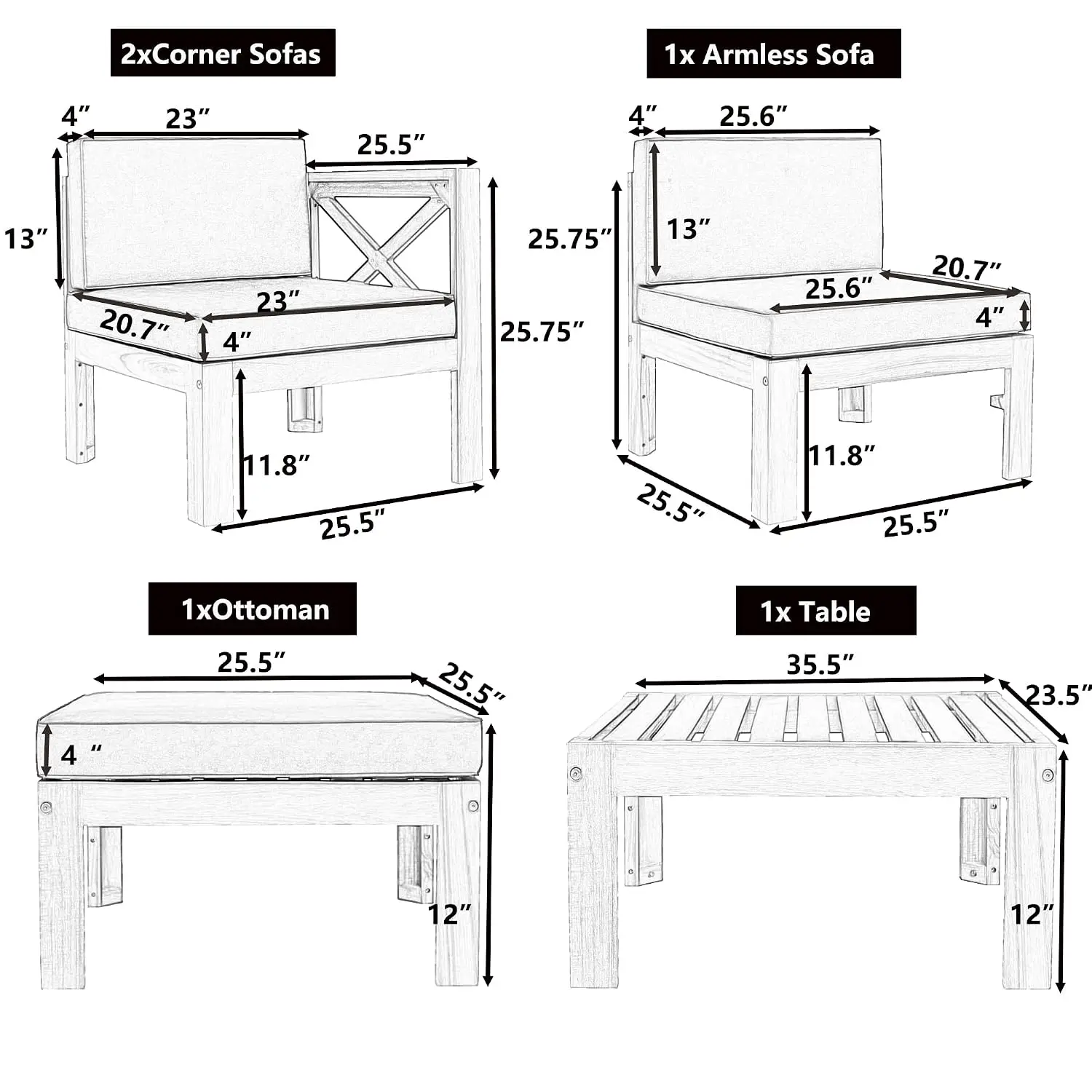Outdoor Patio Wood 5-Piece Sectional Sofa Set with Blue Cushions, Customized