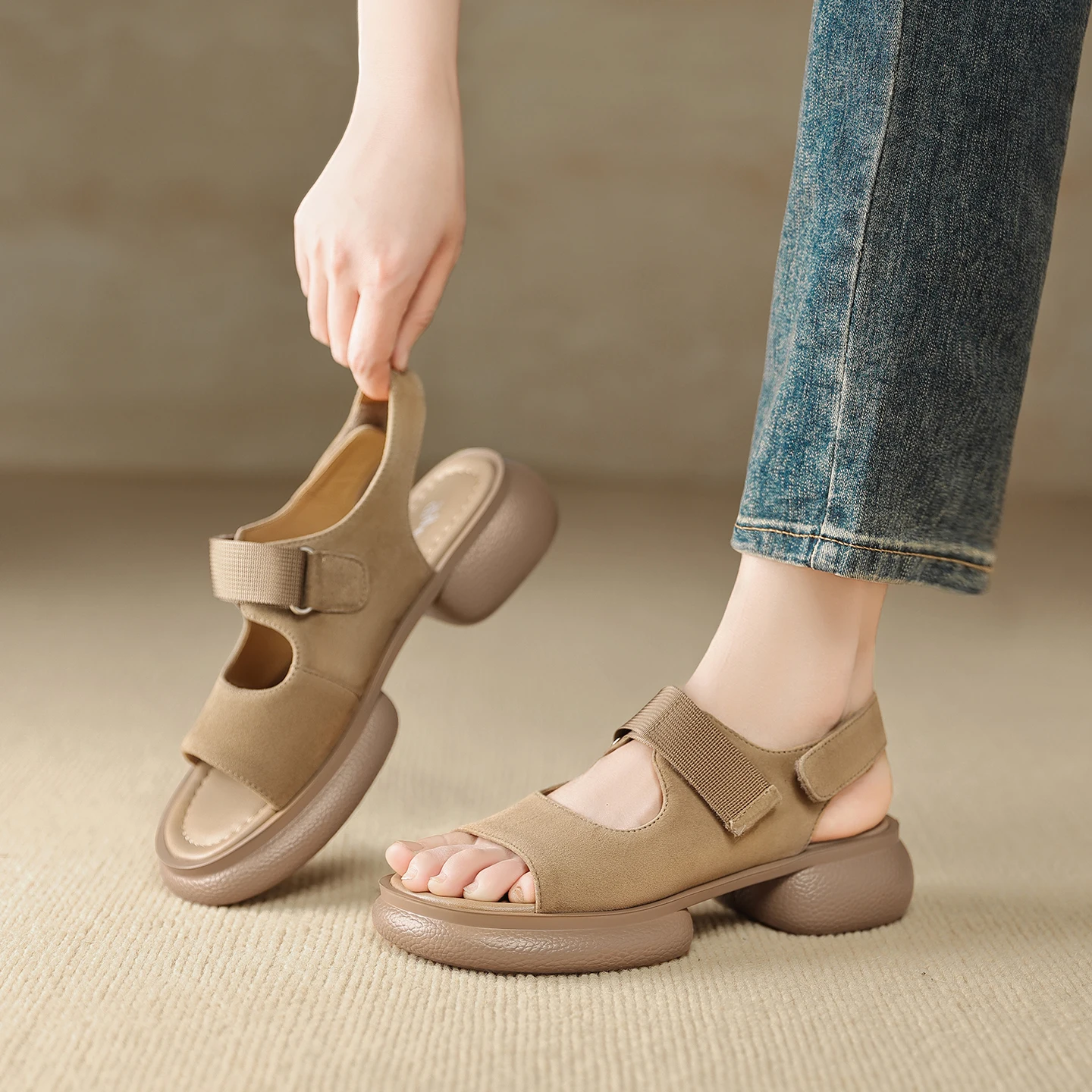 2026 summer women sandals natural leather 22-25cm kid suede+pigskin open toe ankle-buckle high heel platform women shoes fashion