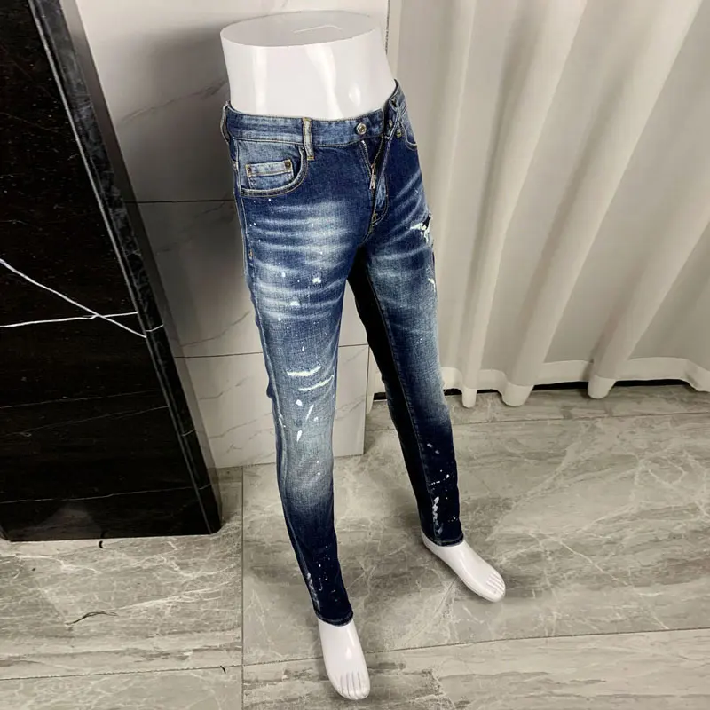 الشارع مصمم الأزياء الرجال الجينز الرجعية الأزرق تمتد سليم صالح رسمت ممزق الجينز الرجال Y2K العلامة التجارية خمر الدنيم السراويل Hombre #3