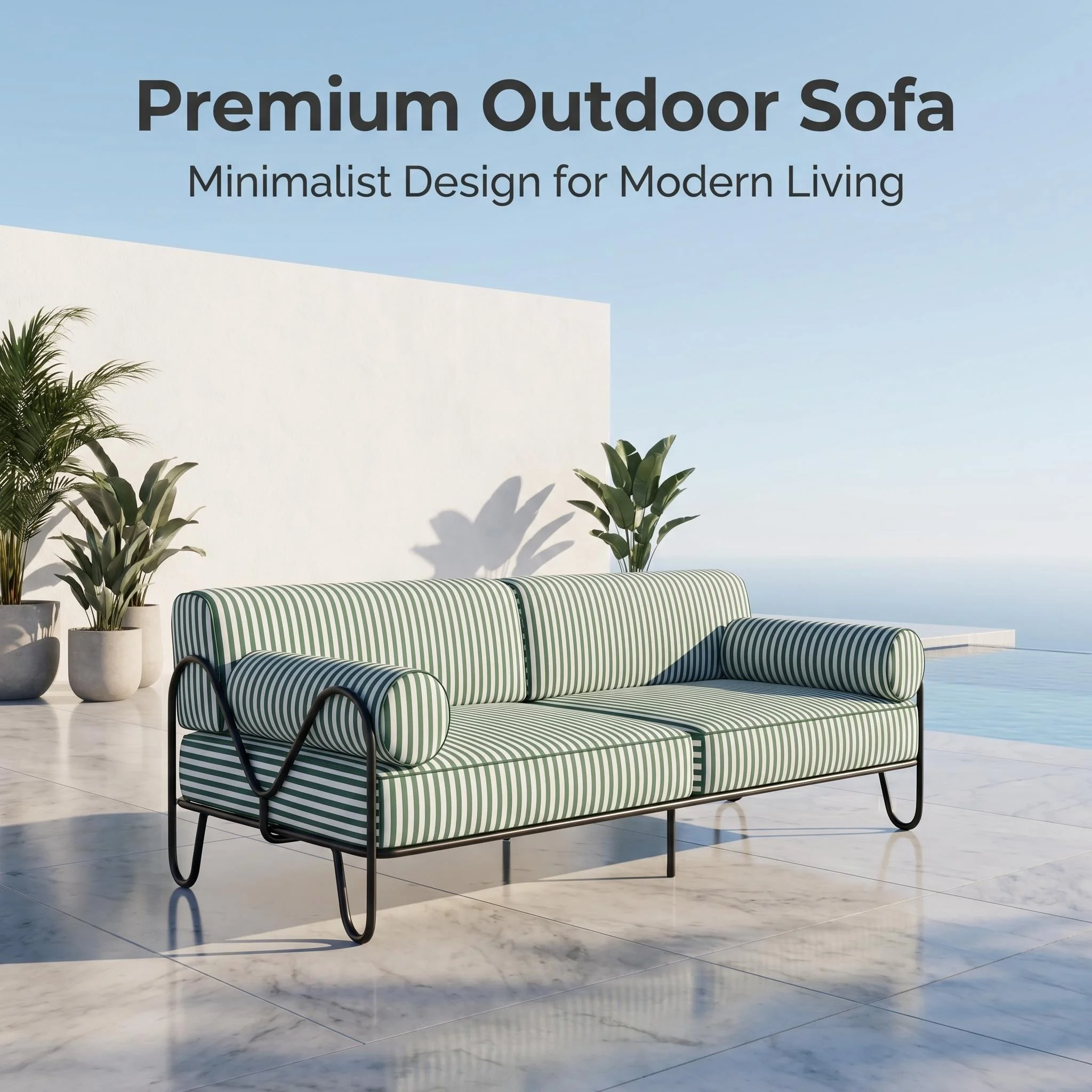 &Elegant Green White Striped Patio Sofa Coastal  Outdoor Durable Metal Frame Waterproof Outdoor Sofa for Garden Poolsid