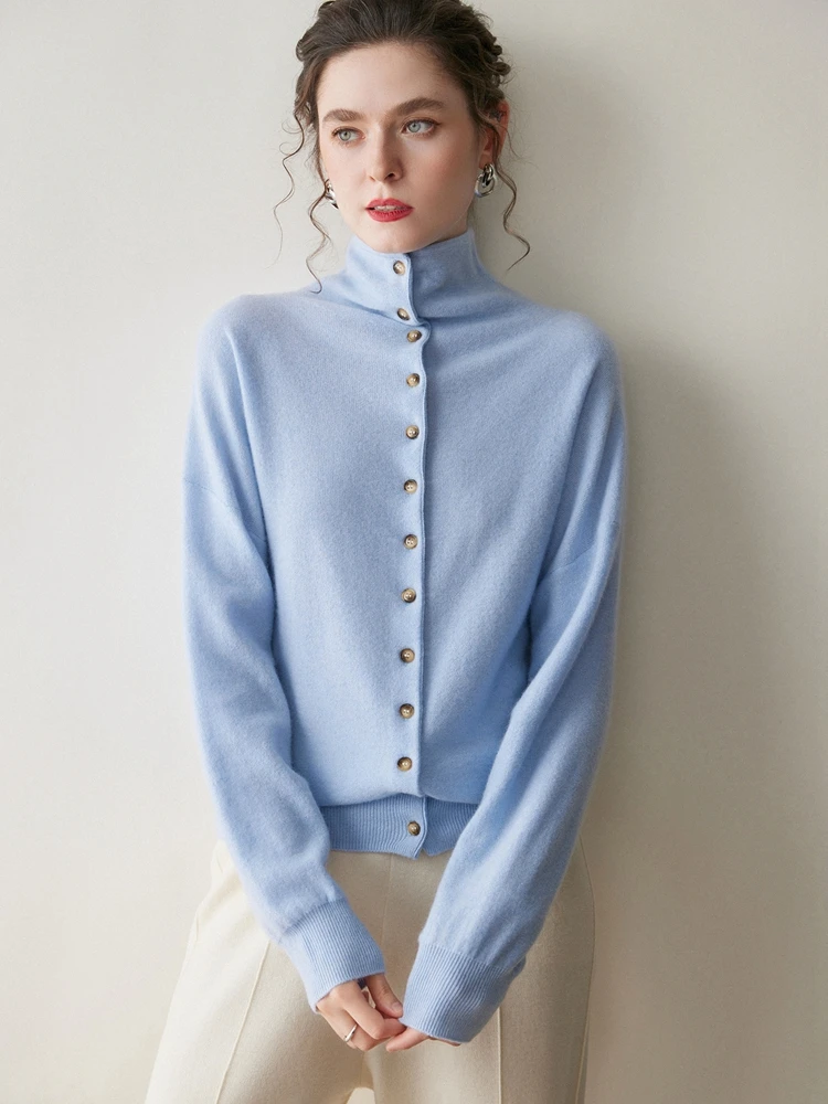 Women New 100% Pure Cashmere Cardigan Sweater Autumn Winter Single Breasted Soild Pile Collar Simple Knit Basic Long Sleeve Tops
