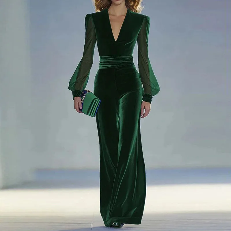 

2025 Spring Sexy Deep V Neck Velvet Jumpsuit Woman Solid High Wait One Piece Office Romper Fall Mesh Long Sleeve Hollow Overalls