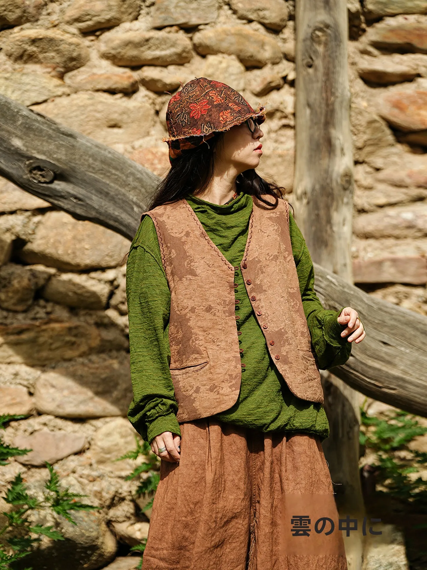 

Casual Oversized V-Neck Linen Cotton Blend Patchwork Vest Vintage Weathered Asymmetric Single Button Closure Midweight