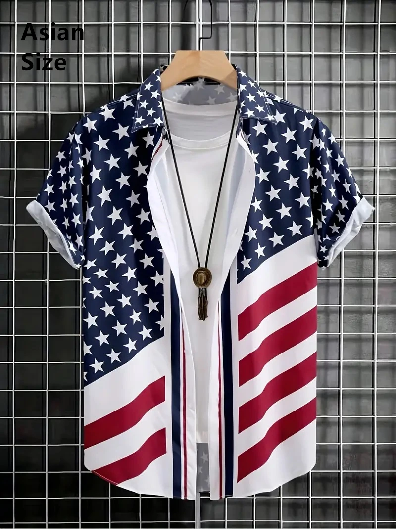 America Flag Graphic Shirts For Men Clothing 3D Print Hawaiian Beach Dress Shirt Man Short Sleeve Y2k Tops Vintage Lapel Blouse