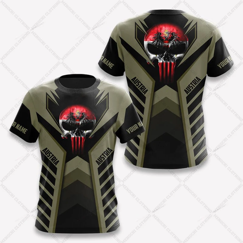 Custom Name Austria Flag Skull Graphic T-shirts Summer Casual Olive Tees Soft Fabric Jersey Fast Dry Short Sleeve Tops
