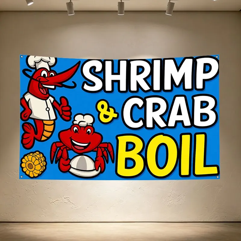 Cartoon Shrimp Crab Boil Flag Banner Decoration Coastal Seafood Party Yard Flag for BBQ Kitchen Dining Table