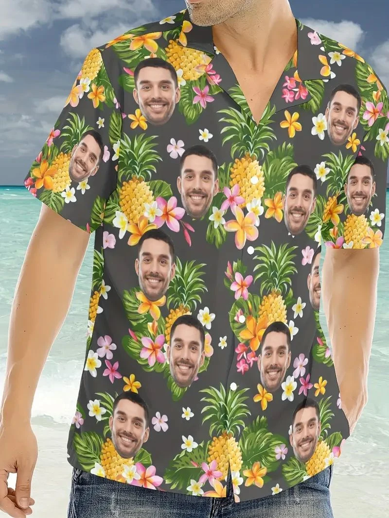 

Hawaiian Custom Photo Face Shirt Fun 3D Diy Print Button Shirts Short Sleeves Aloha Shirt Tops Female Small Size Beach Blouses