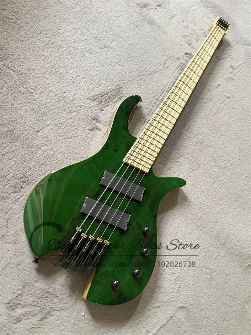 Factory Headless 4 Strings Electric Guitar Bass Ash Wood Body Green Maple Burl Top Maple Fretboard Fanned Frets Customizable