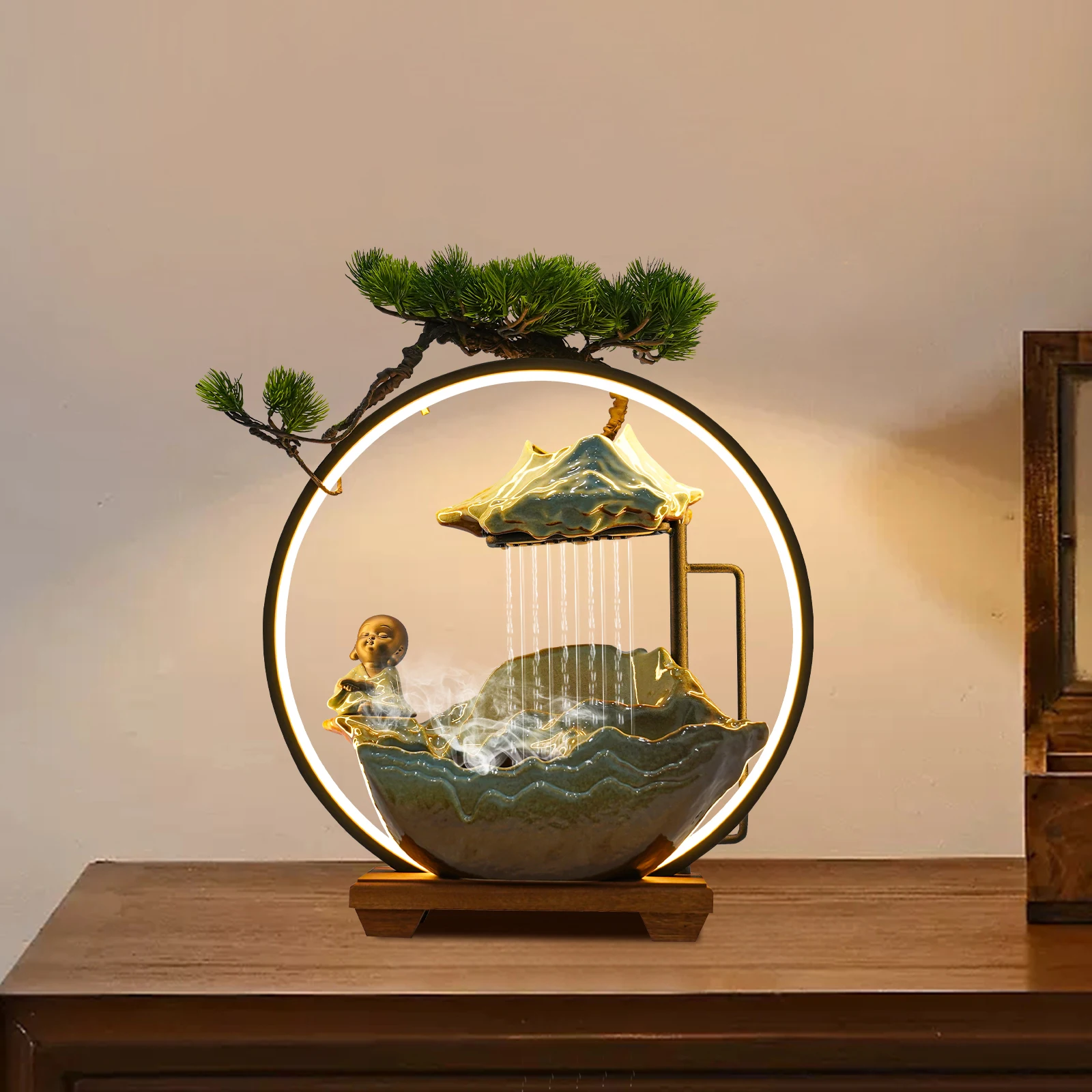 

Chinese Style Tabletop Water Fountain Indoor Waterfall with Atomizer LED Light Ceramic Buddha Decor Relaxing Feng Shui Decor