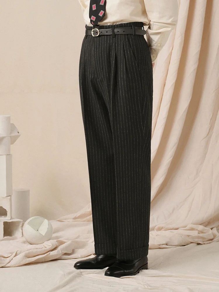 Cultum 930s ريترو Thiened الصوفية عادية Busin الرجال السراويل مزدوجة الطية مستقيم الساق السراويل الطويلة للشباب الشتاء