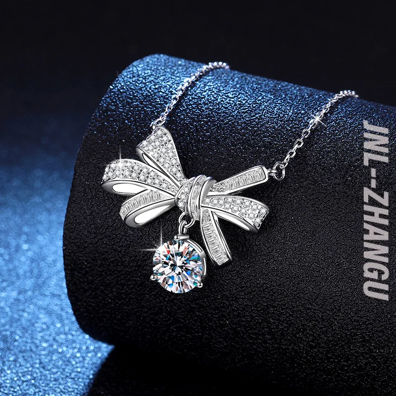 

925Women's Sterling Silver Necklace with Bright Bow Pendant2CaratDColor Moissanite Necklace for Women