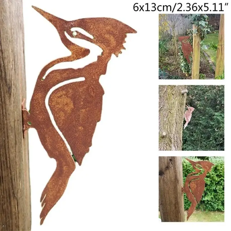 Rusty Metal Bird Silhouettes Garden Fence Decor Woodpecker Gardening Country Robin Art Metal Yard Decoration Bird Steel