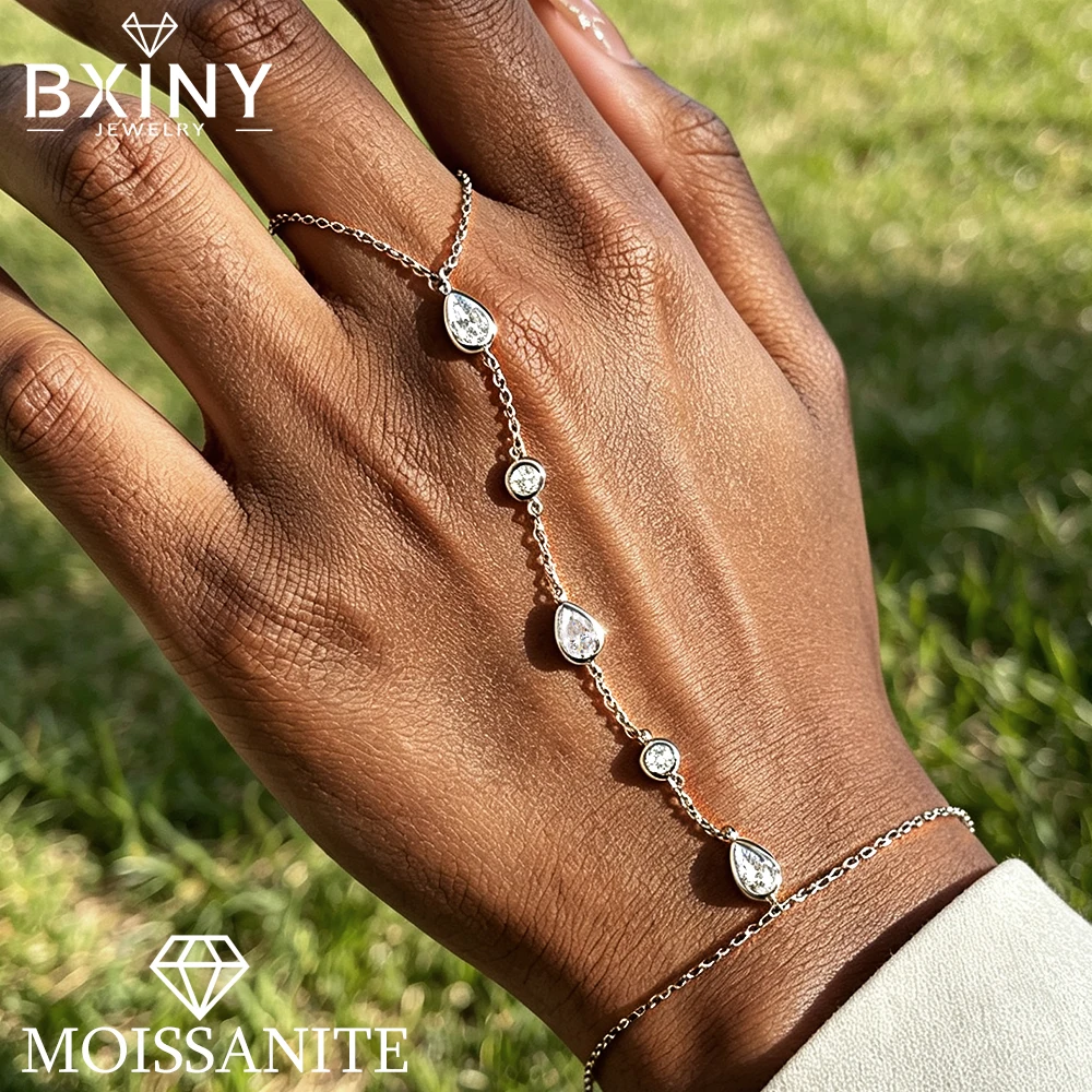 BXINY WaterDrop Moissanite Bracelet Adjustable Finger Wrist Chain 925 Silver Bezel Set Diamond Hand Chain for Women Gift Jewelry
