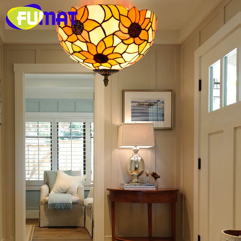 FUMAT Tiffany Sunflower Vintage style stained glass 12inch flush mount light deco the dining room bedroom hallway ceiling light