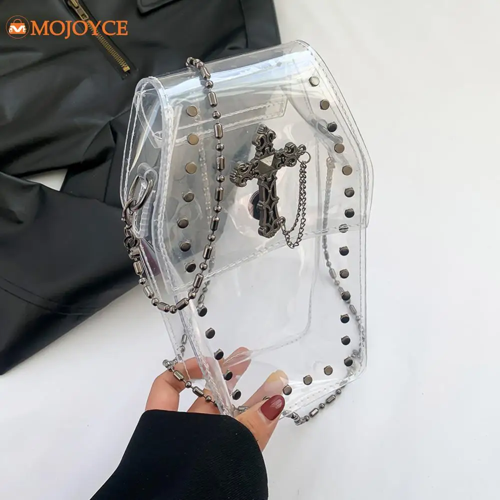 2024 Novelty Coffin Shape Purse Halloween PVC Clear Jelly Chain Crossbody Bag Stadium Approved Phone Bag Punk Retro Shoulder Bag