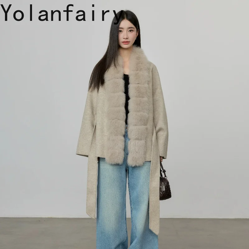 YOLANFAIRY High-end100% Wool Coats for Woman Winter Mid-length Real Fox Fur Collar Coat Elegant Lace-up Doubel-sided Woolen Coat