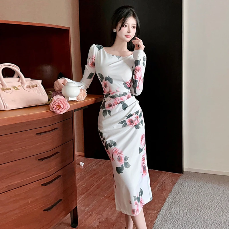 Autumn Elegant Long Sleeve Bodycon Dress Women Sexy Split Floral Print Dresses Female Fashion Slim Elastic Long Party Vestidos