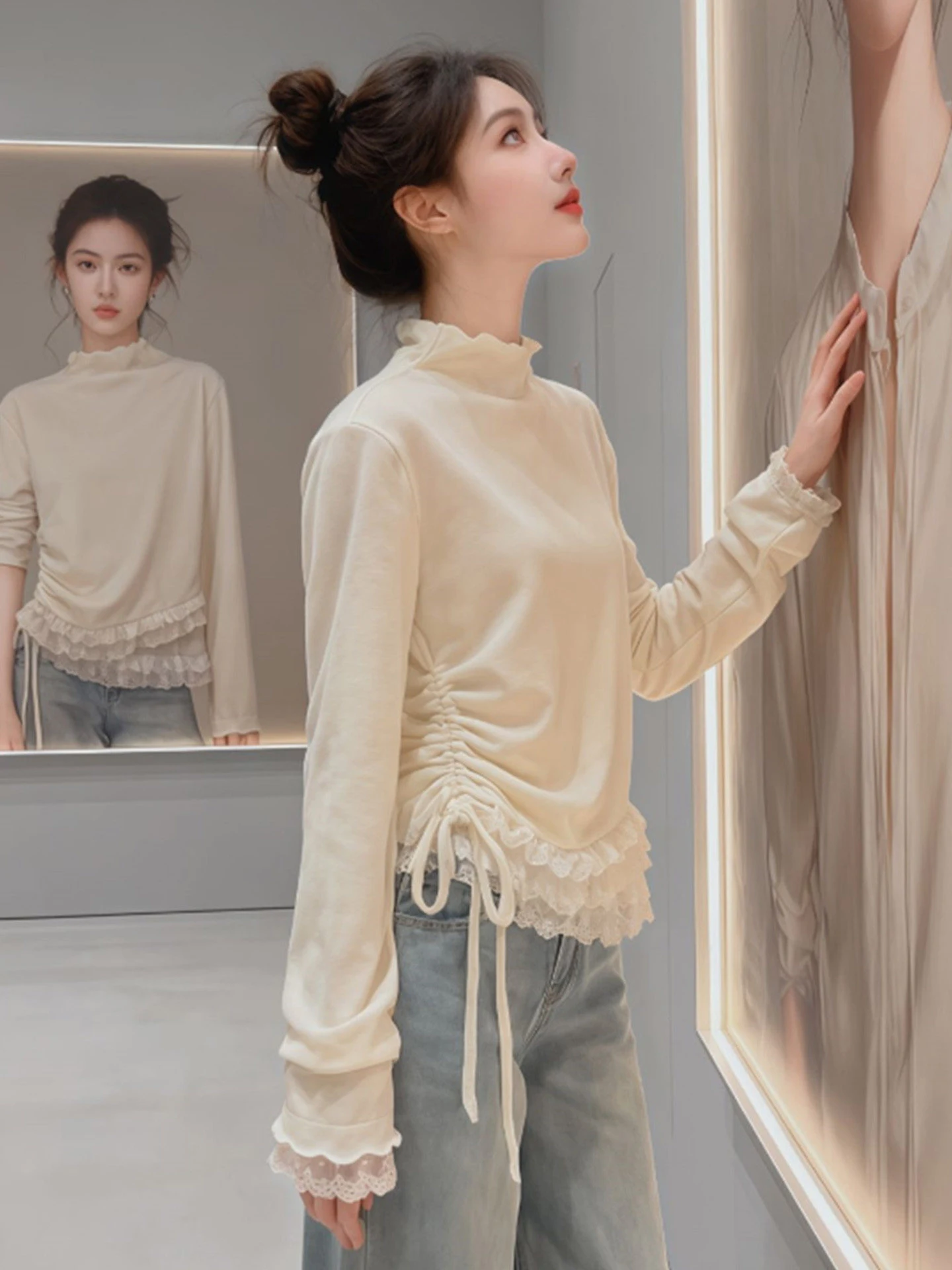 Korean Style Long Sleeve Fleece Lined Half High Collar Women's T-shirt Lace Hem Earlet Trim Base Layer Shirt Soft Comfortable