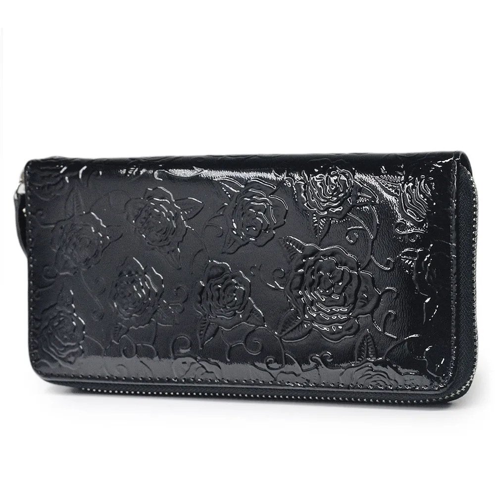 

Women Long Zipper Wallet Genuine Leather Rose Pattern Ladies Purse Wristlet Wallets Clutch for Phone Cards Coin Purses