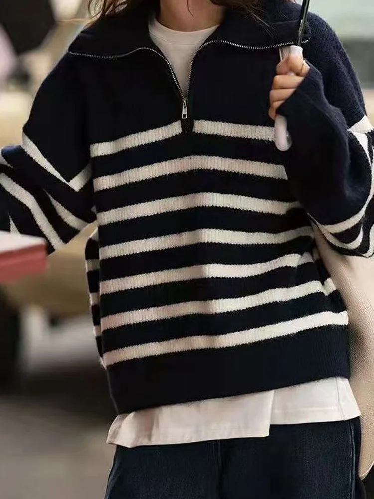 Nova moda listrado pullovers de malha blusas femininas outono inverno manga longa outwear elegante senhora do escritório roupas de inverno