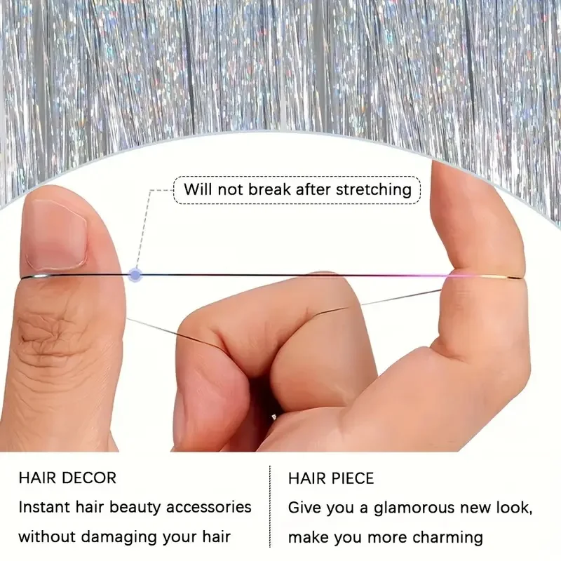 Oropel de pelo brillante, hebras de colores arcoíris, tocados para niñas, horquilla láser, extensiones de cabello falso, decoración con purpurina