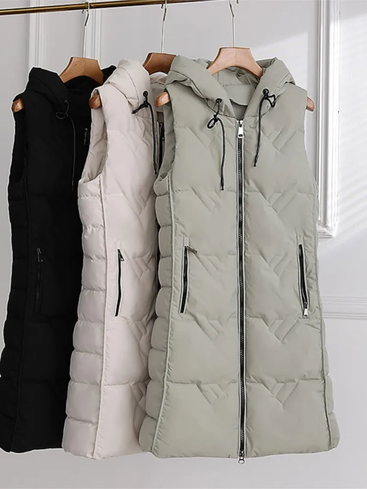 Gilet invernale lungo in cotone donna elegante gilet imbottito caldo gilet Casual con cerniera da donna cappotto senza maniche elegante Chic femminile