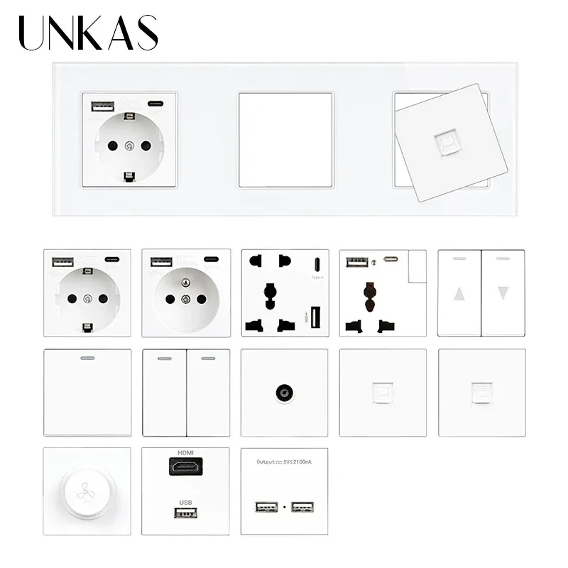 

UNKAS белые стеклянные панели, комбинация, бесплатная розетка для французского ЕС, TypeC, USB-диммер, дверной звонок, ТВ-занавеска, розетка, соответствующая «сделай сам»