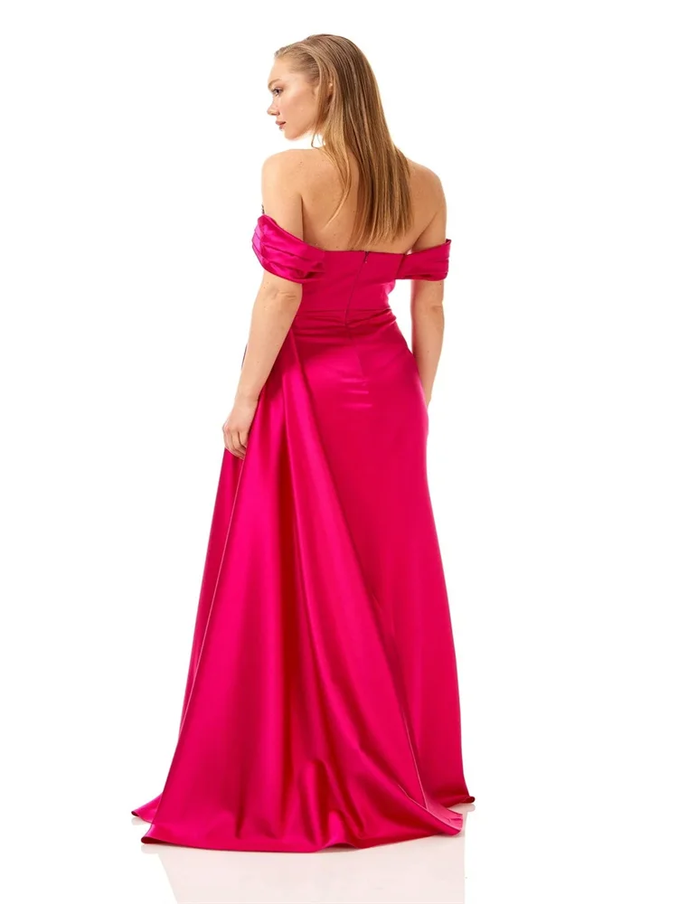 New Product Off-Shoulder Neckline Satin Sleeveless Mermaid Prom Dress Shoulder High Slit Court Train Party Gowns For Women 2024