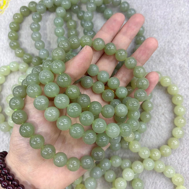 Natural Hetian Jade Bracelet 10mm Gradient Round Bead Ice Base Qingshui Nephrite Stretch Bracelet 1pcs