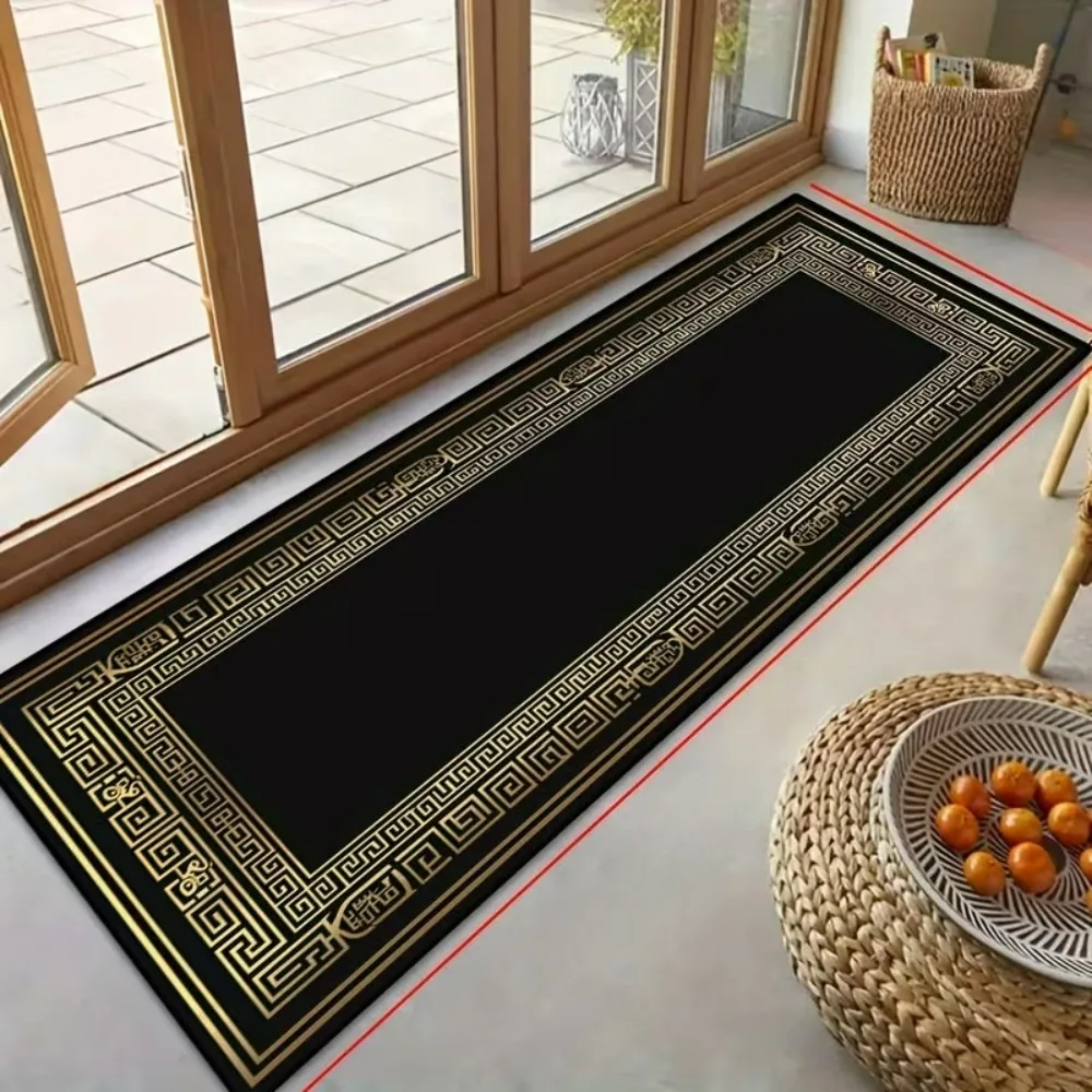 Black European Style Striped Hallway Mat,Golden Circulating Pattern Corridor Mat, Living Room Bedroom Kitchen Entrance Door Mat