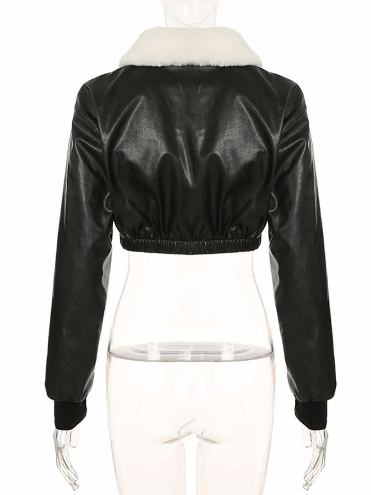 BKQU chaqueta de piel sintética con cremallera para mujer, abrigo corto informal con cuello de piel y solapa de manga larga, prendas de vestir de calle a la moda para Moto y motociclista 2025