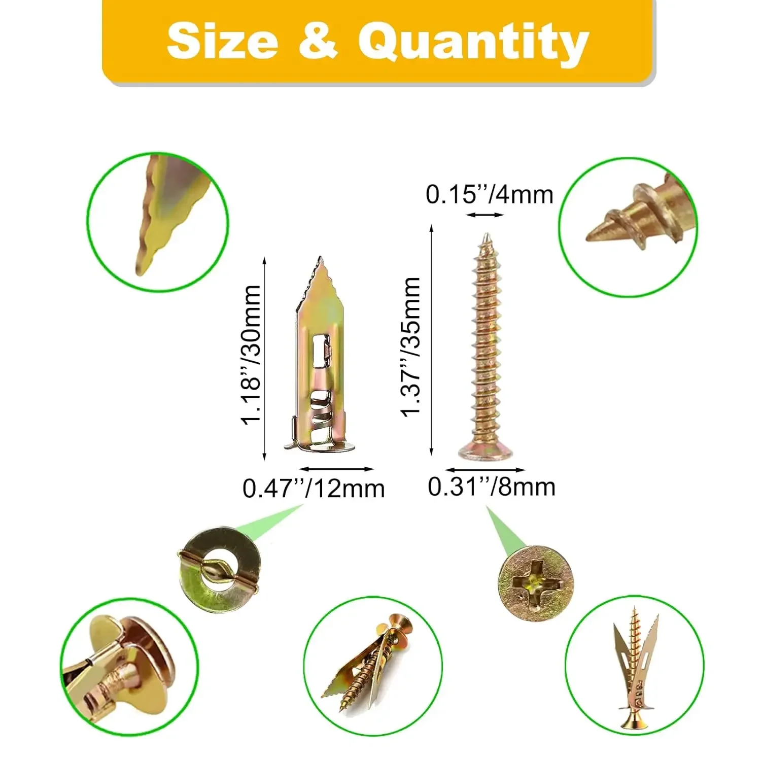 Self Drilling Anchor Screw 30/60/100PCS.0.47X1.18 Inches Upgraded Sheetrock Anchor With Screw No Drilling Required Easy Install