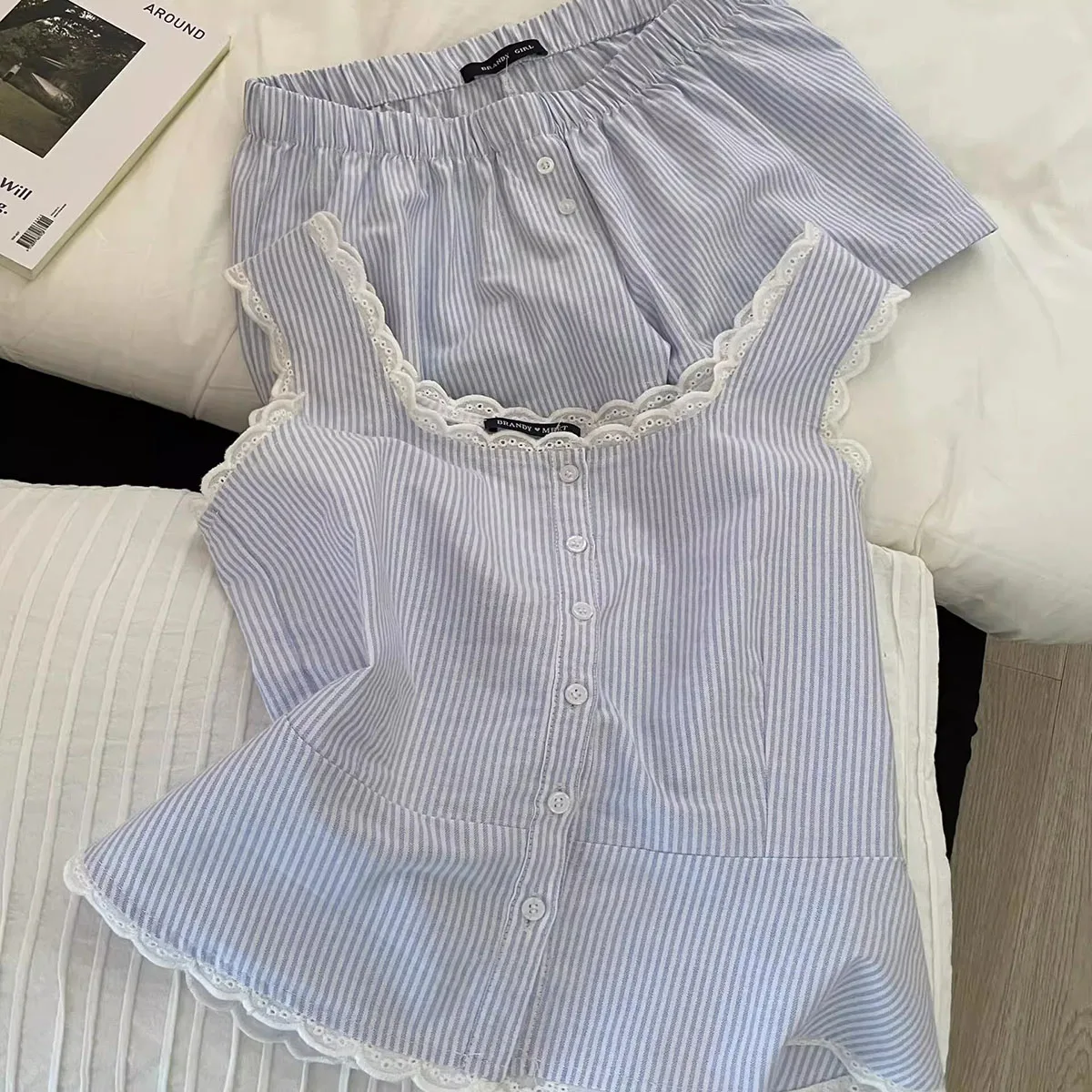 Striped Women Pajamas Summer Sleepwear Sleeveless Shorts Sets 2 Pieces Lace Night Wears Tank Korean Sleeping Home Suit
