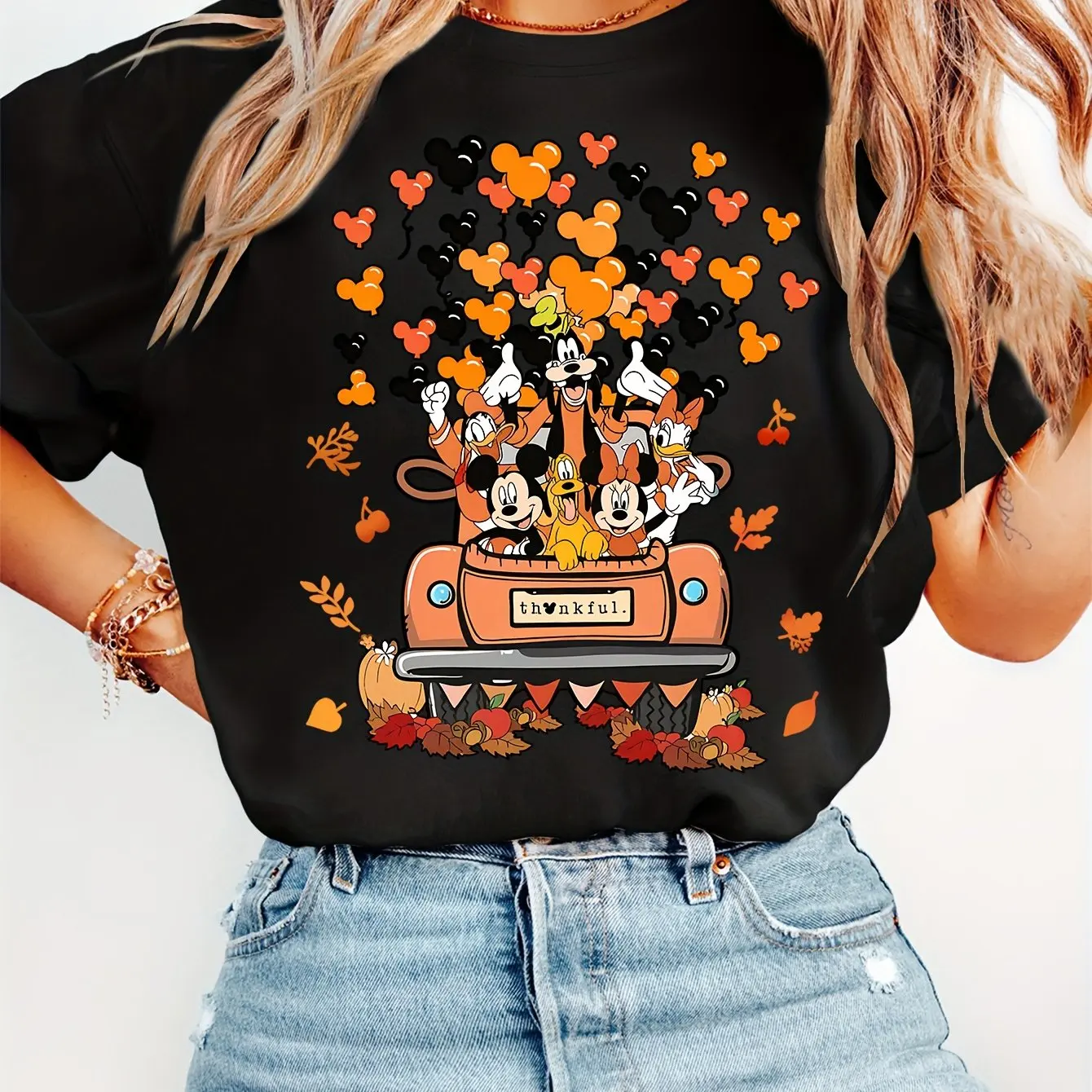 

Disney Top Sitting in A "thank You" Car, Balloon Printed Round Neck T-shirt Filled with Mickey Heads, Casual Machine Wash