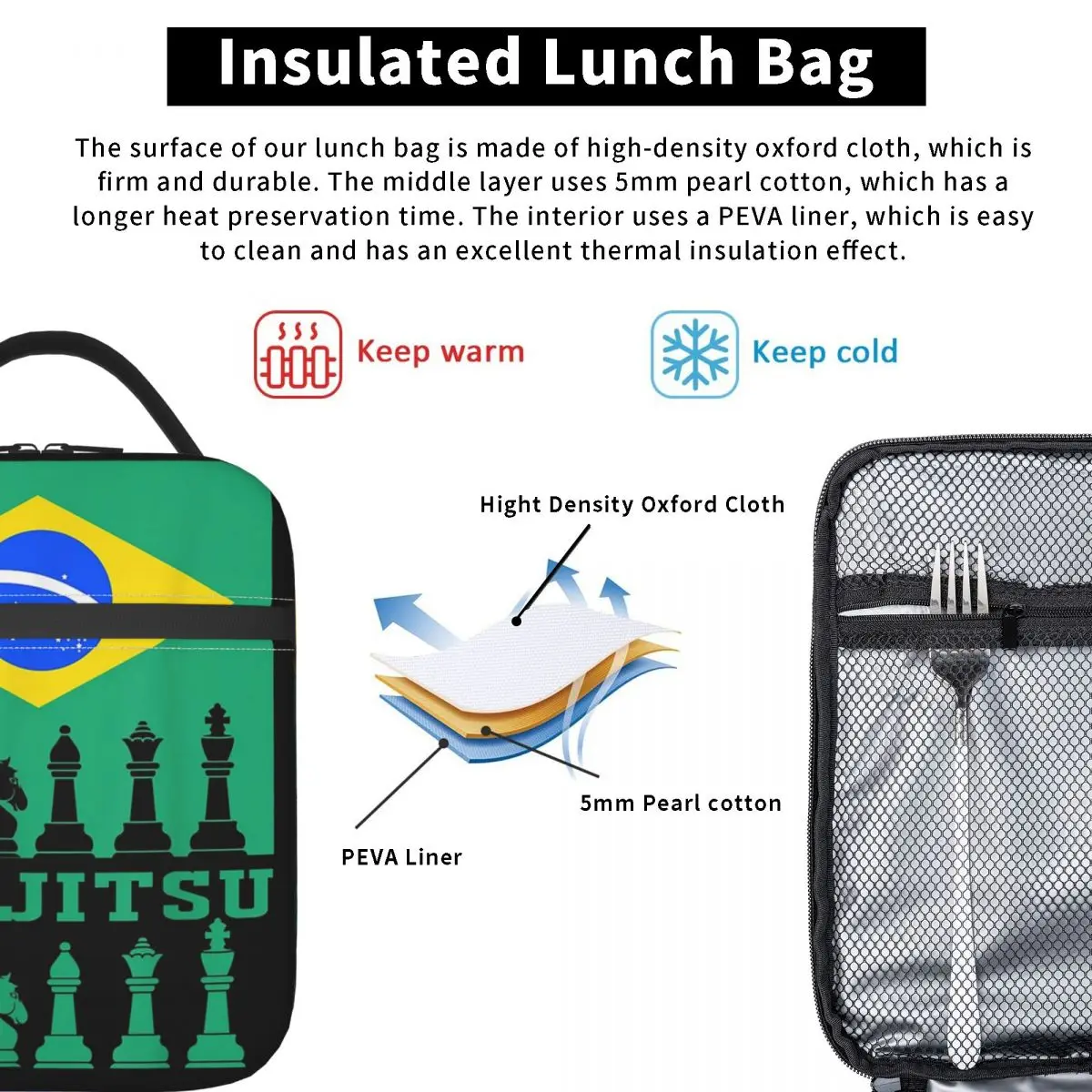 Brazilian Jiu Jitsu Flag Jiu Jitsu Chess Insulated Lunch Bag for Women Kids Leakproof Food Boxes Thermal Lunch Box Tote