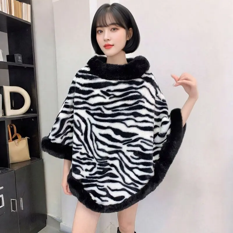 2025 Autumn New Fashion Faux Rabbit Fur Poncho Coat Winter Warm Thick Pullover Cloak Women Zebra Pattern Cape Y2K Streetwear
